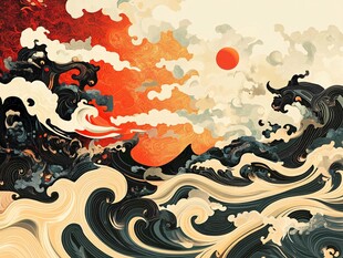 红日映浪 磅礴中式海浪图