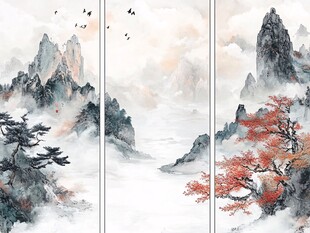 三联水墨山水意境图
