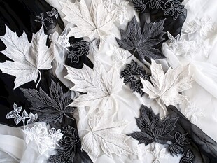 黑白枫叶刺绣布料图案