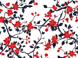 红色花卉枝叶无缝图案