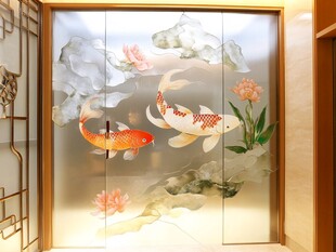 中式锦鲤荷花艺术玻璃隔断