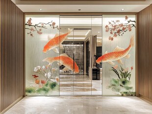 中式玄关锦鲤花卉艺术玻璃