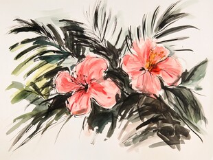 水墨绘就的娇艳扶桑花