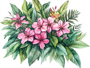 水彩绘粉色花卉绿植组合