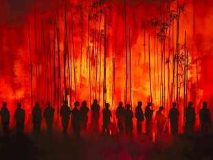 红焰竹林前的人群剪影