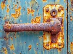生锈的蓝色门把手特写