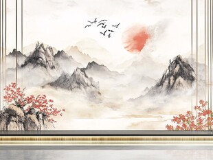 中式山水旭日飞鸟背景图