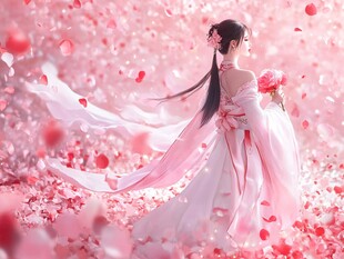 粉衣佳人置身浪漫花瓣中