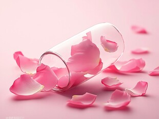 粉色花瓣洒落透明玻璃杯