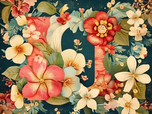 花卉环绕的字母J艺术图案