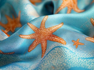 海星图案蓝色丝绸面料