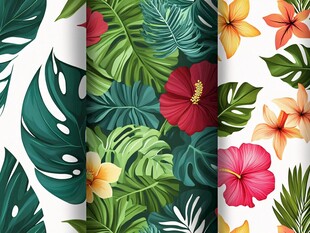 热带花卉与绿叶图案设计