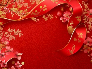 喜庆红底金纹飘带花卉图