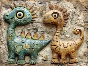 可爱双恐龙墙面艺术雕塑