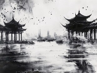 水墨古风亭阁湖景图