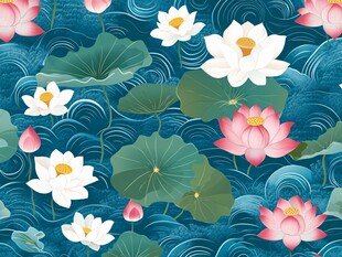 水墨风荷花荷叶波纹图案