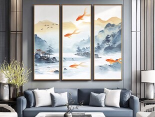 客厅中式三联鱼趣装饰画