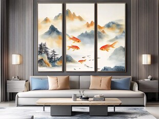 中式客厅三联山水锦鲤挂画