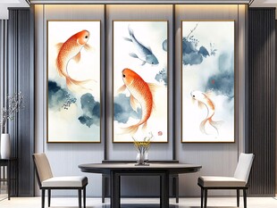 中式客厅三联锦鲤装饰画