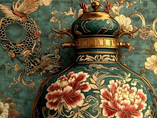 中式宝瓶配繁花飞鸟图