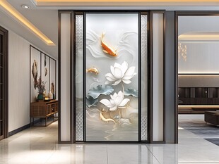 中式玄关玻璃浮雕鱼莲图