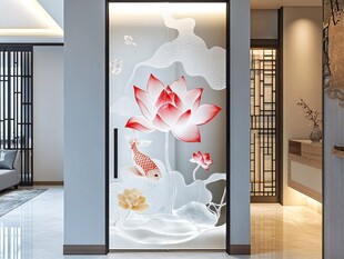 中式玄关莲花锦鲤艺术玻璃