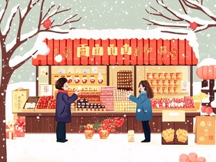 雪天街头的年货选购场景