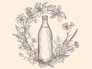 手绘花草环绕的玻璃瓶