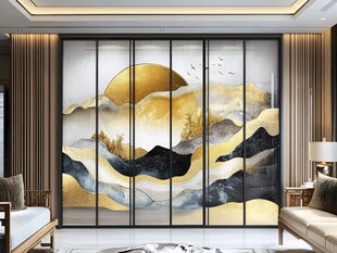中式山水金韵玻璃隔断墙