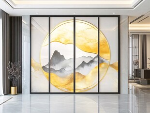 中式山水金月屏风装饰画