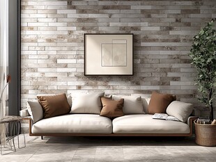 简约客厅 石墙沙发绿植搭配