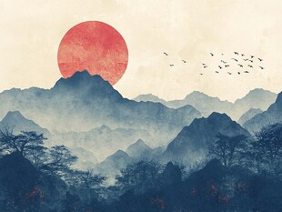 红日映山飞鸟伴景图