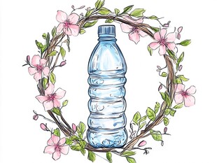 花环围绕的蓝色水瓶