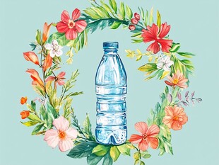 花卉环绕的清新矿泉水瓶