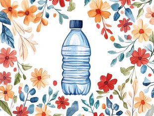 花卉环绕的蓝色水瓶