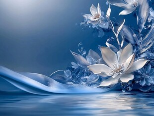 梦幻蓝调花卉水景图