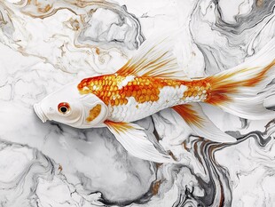 水墨锦鲤绘于大理石背景