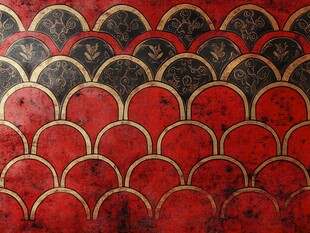 中式红黑金鱼鳞纹复古图案