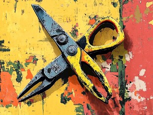 旧剪刀置于斑驳彩漆背景
