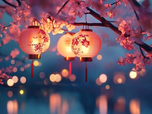 樱花下的灯笼夜景