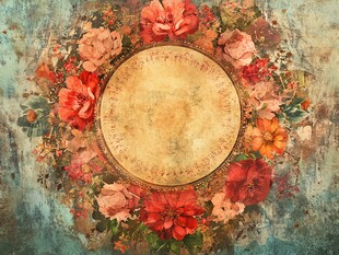 复古花卉环绕的圆形装饰画
