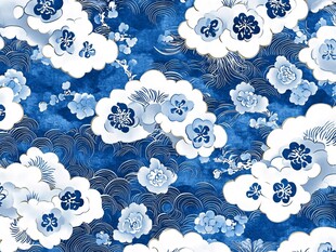 蓝白中式云纹花卉图案