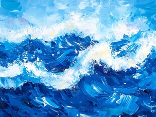 蓝色汹涌海浪油画作品