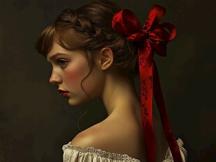 红发蝴蝶结少女优雅侧影