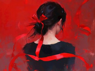 红丝带少女背影的浪漫瞬间