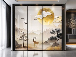 中式山水麋鹿移门装饰画