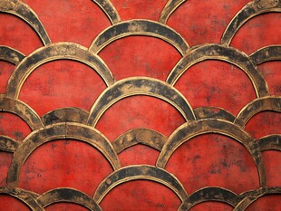 中式红底金色鱼鳞纹装饰