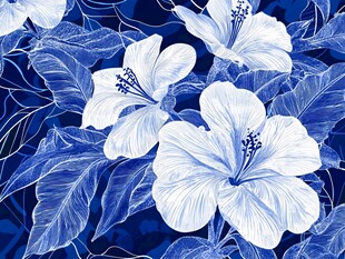 蓝底白花扶桑植物图案