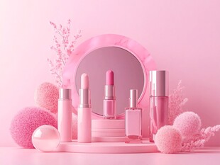 梦幻粉色系美妆产品展示