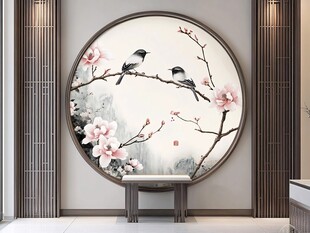 中式圆画 花鸟映春景